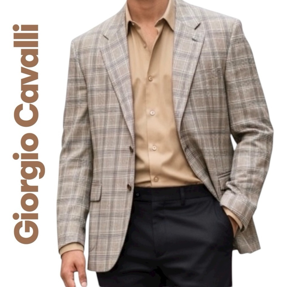 Giorgio Cavalli Sport Blazer Tan Plaid Wool & Silk Single Breast Made/Italy 44